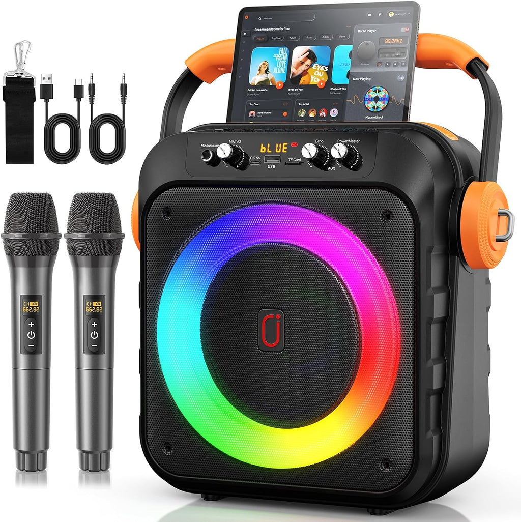 HWWR 120W Peak Karaoke Machine with 2 Wireless Microphones, TWS Bluetooth Party Speaker with Vocal Removal & Recording for Birthday Parties, Family Karaoke Nights, Backyard BBQs & Outdoor Parties