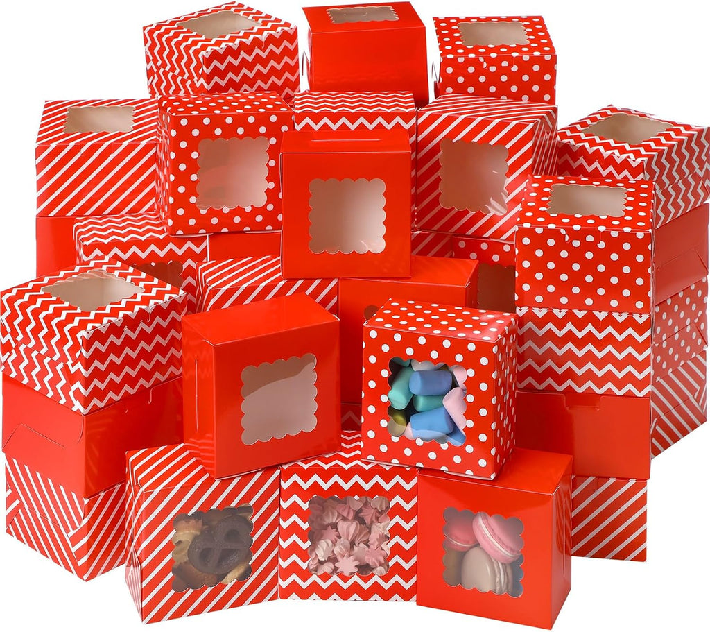 48 Pcs Christmas Bakery Boxes with Window, White Red 4x4x2.5 In