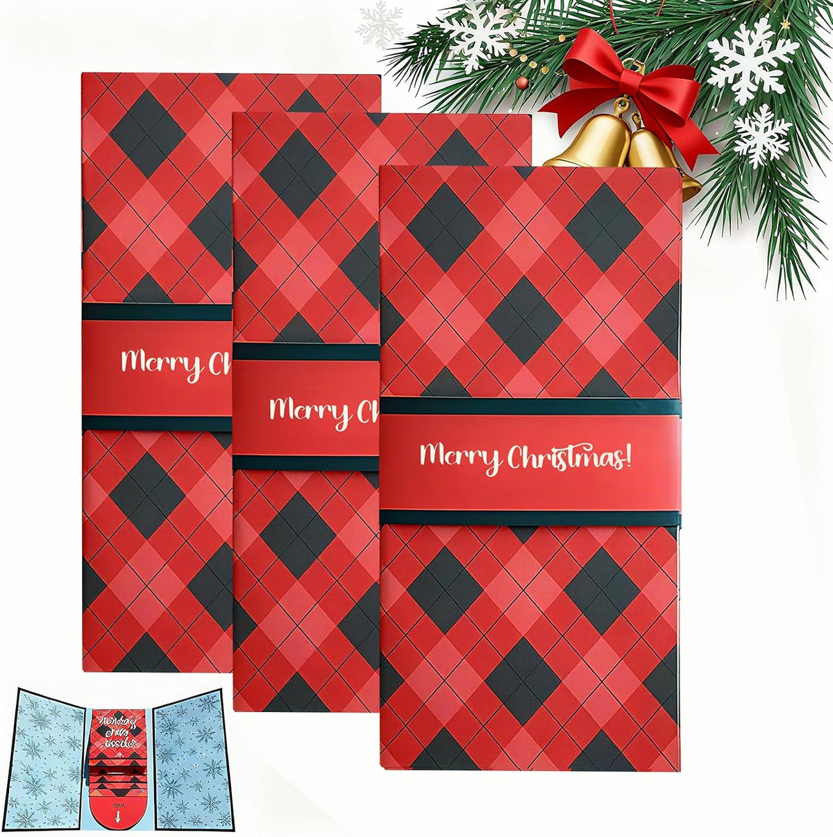 Handmade Christmas Gift Card Booklet 3 Pack, Red Plaid Gift Card Holder with Merry Christmas Text, (3pcs)