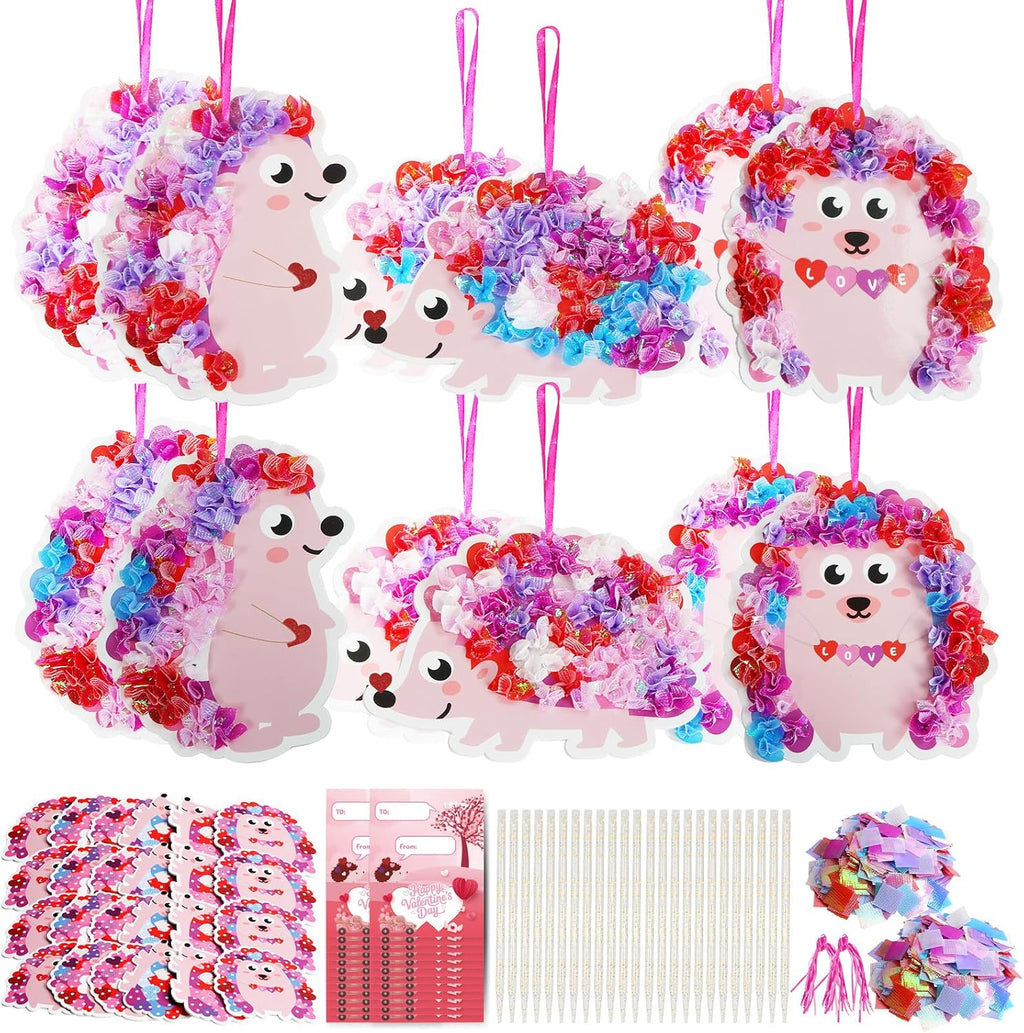 Fennoral 24 Pack Valentine's Day Craft Kits for Kids Make You Own Hedgehog Heart Poke in Art and Craft with Card DIY for Valentines Day Gift for Kids Classroom Activities Party Decoration