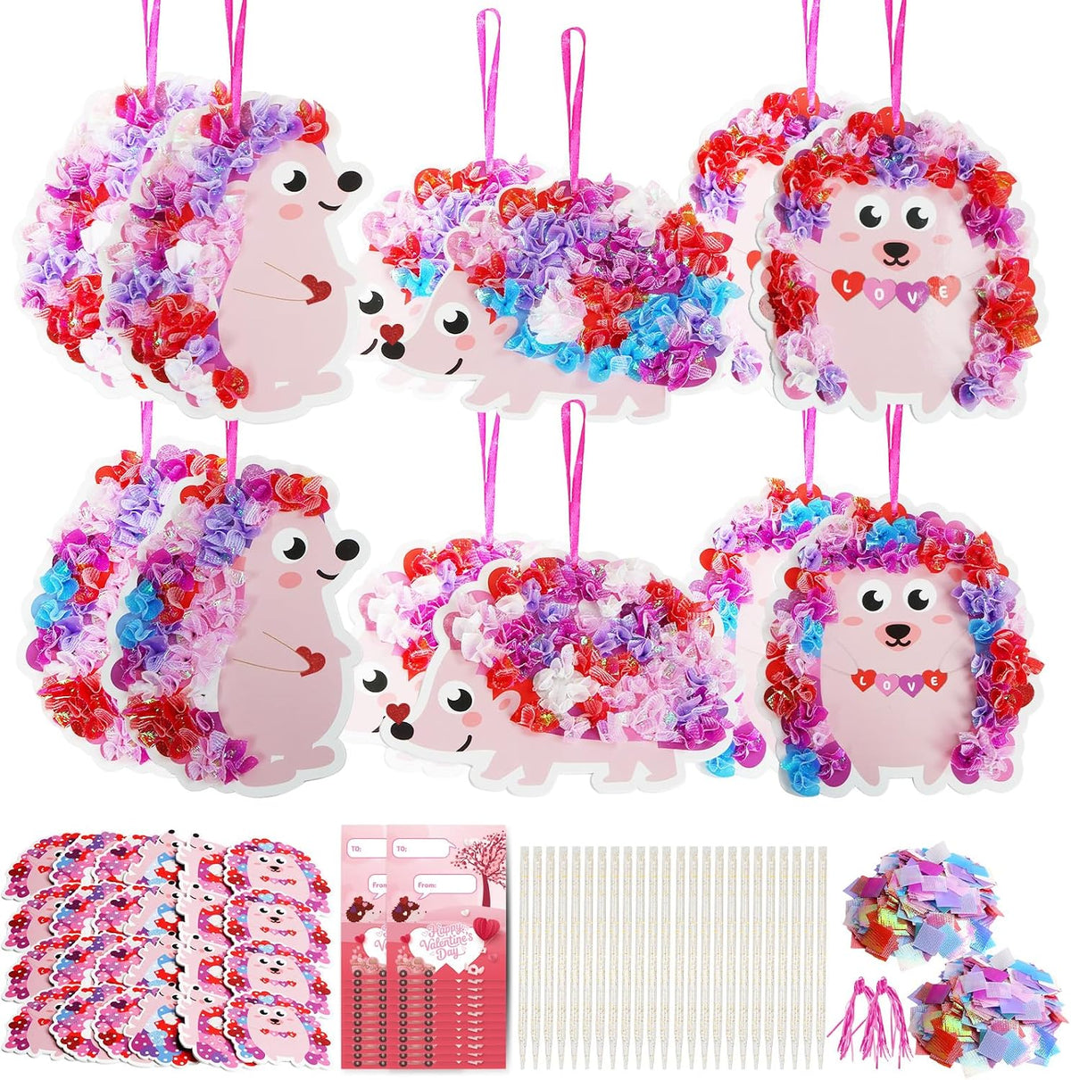 Fennoral 24 Pack Valentine's Day Craft Kits for Kids Make You Own Hedgehog Heart Poke in Art and Craft with Card DIY for Valentines Day Gift for Kids Classroom Activities Party Decoration