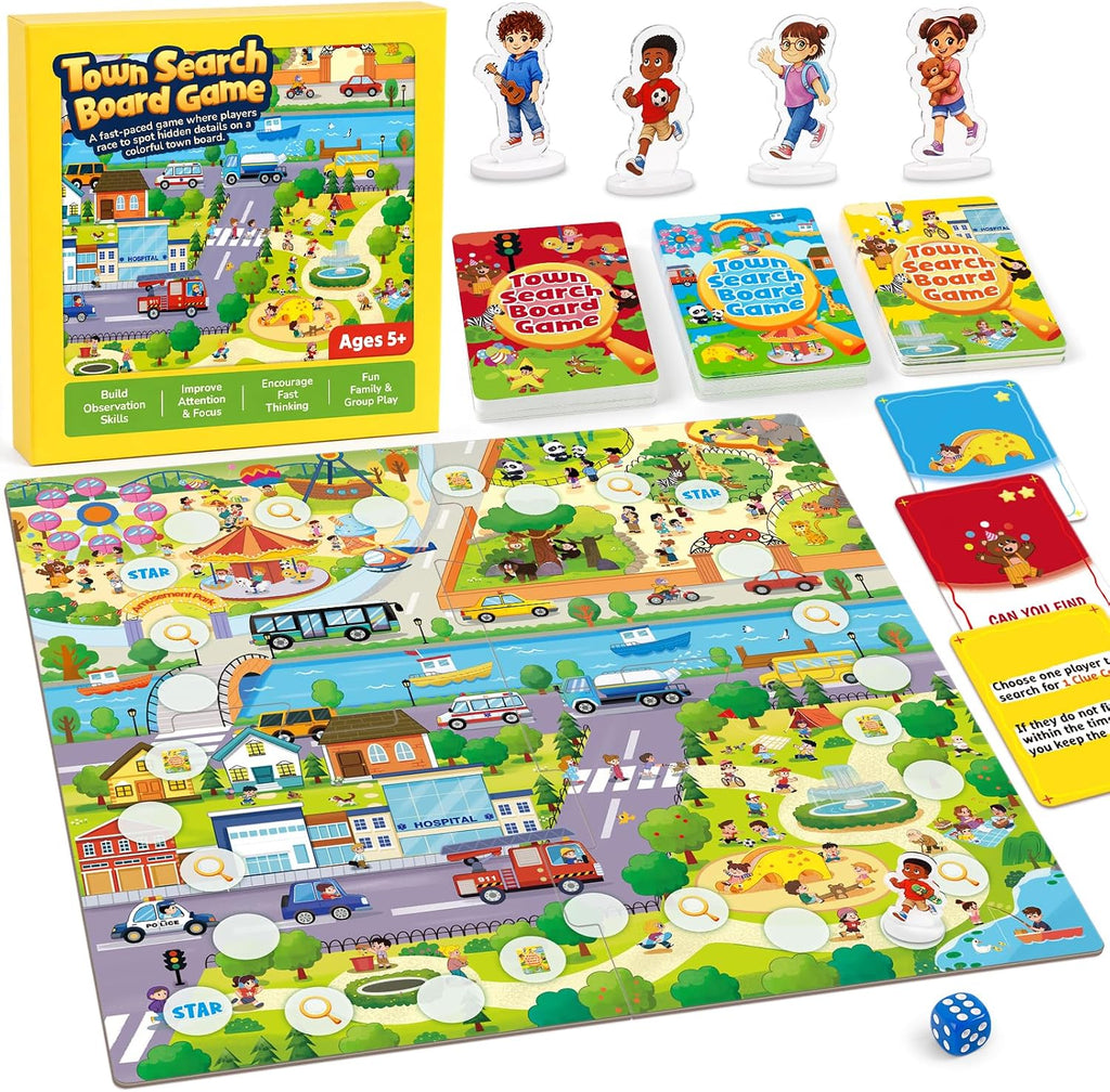 Town Search Board Games, Family Games for Kids Ages 5 6 7 8-12, 2-4 Players, Educational Board Game for Boys Girls 5+, Back to School Gifts for Classroom & Family Nights & Parties