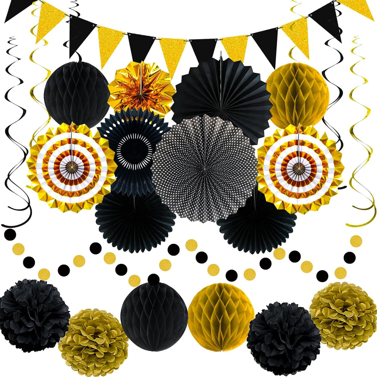 24 Pcs Black and Gold Party Decorations, Paper Fans Pom Poms Garland Decor