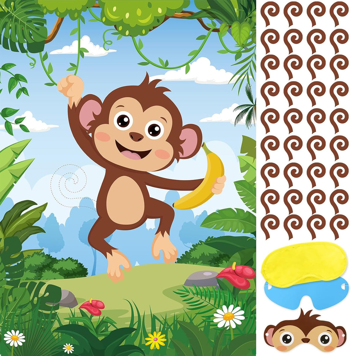 Hooqict Safari Animal Party Games for Kids Birthday Pin The Tail on The Monkey for Jungle Birthday Decorations Wild Zoo Party Supplies, Large Safari Pin The Games Poster with 36 Tail Stickers