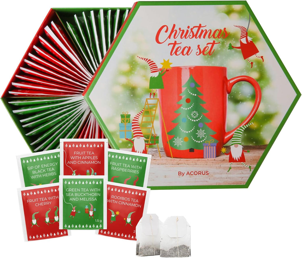 ACORUS Christmas Tea Set, Herbal Fruit Tea Gift Set, 60 Assorted Tea Bags Variety Pack, Herbal Tea and Fruit Tea Sampler, Specialty Tea Bags Individually Wrapped, Tea Gifts for Women, Men, Tea Lovers