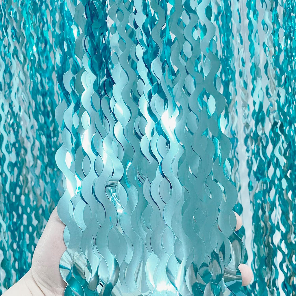 GOER 3.2 ft x 6.5 ft Metallic Tinsel Foil Fringe Curtains Party Photo Backdrop Party Streamers for Birthday,Graduation,New Year Eve Decorations Wedding Decor (1 Pack,Wavy Light Blue)
