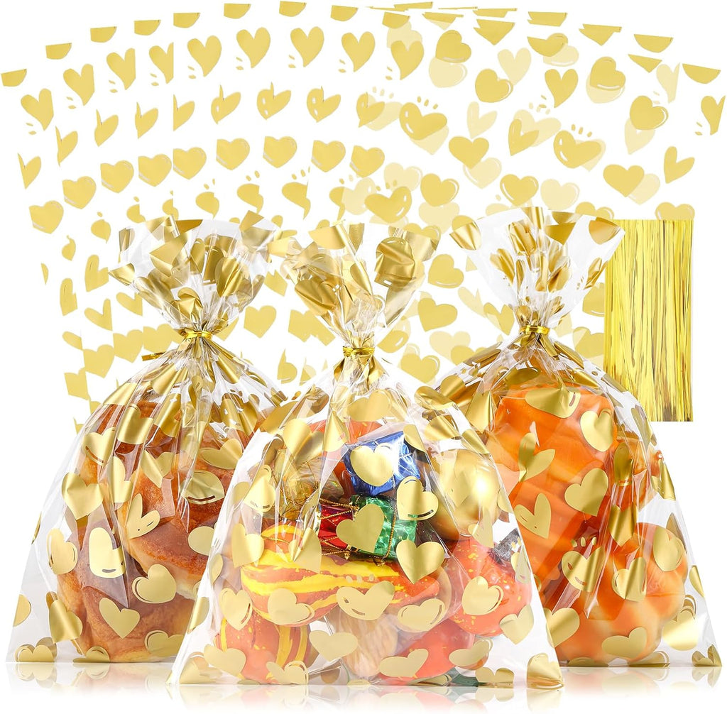 COQOFA 50 Pcs 9X12 IN Gold Heart Cello Cellophane Treat Bags - Clear Candy Cookie Bags with Twist Ties for Baby Shower, Valentine, Wedding, Birthday