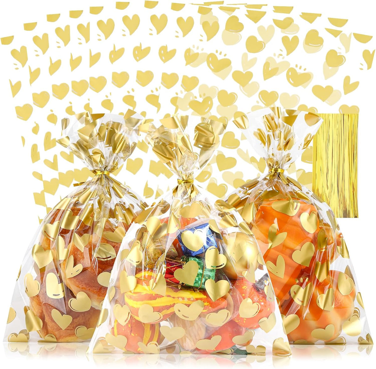 COQOFA 50 Pcs 9X12 IN Gold Heart Cello Cellophane Treat Bags - Clear Candy Cookie Bags with Twist Ties for Baby Shower, Valentine, Wedding, Birthday