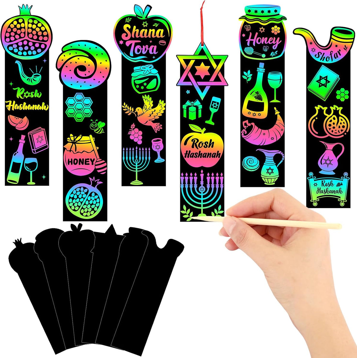 JUNEBRUSHS 30 Pack Rosh Hashanah Scratch Art Bookmarks