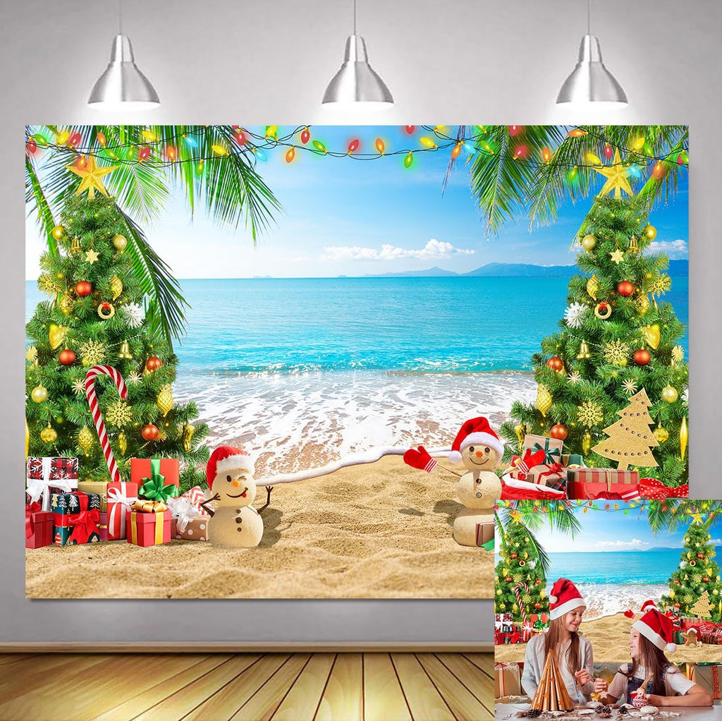 7x5ft July Christmas Backdrop Summer Beach Christmas Tree Photography Background Xmas Party Banner Tropical Hawaiian Holiday Decorations Supplies Photo Props