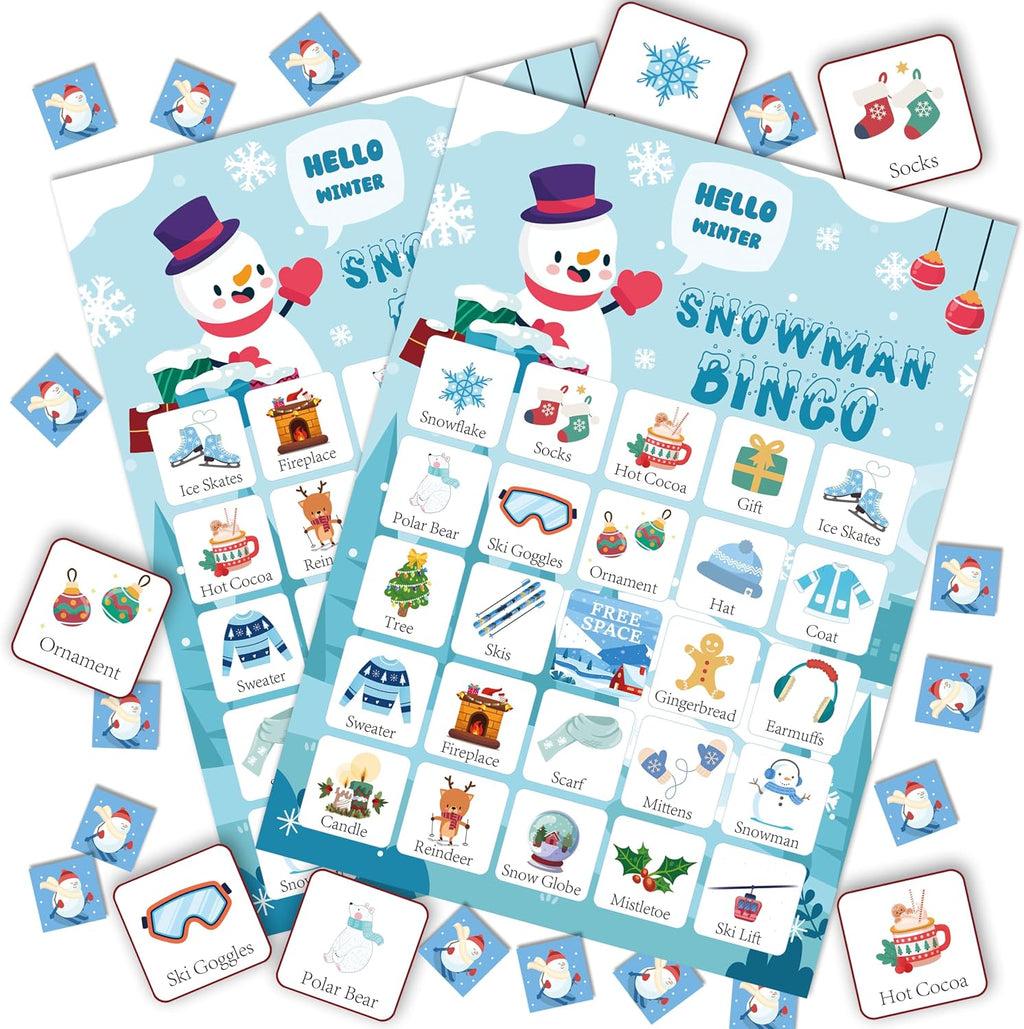24-Person Christmas Bingo Cards, Winter Snowman Xmas Party Card Game, Christmas Bingo Game for Family Large Group Activities, Christmas Winter Holiday Party Supplies