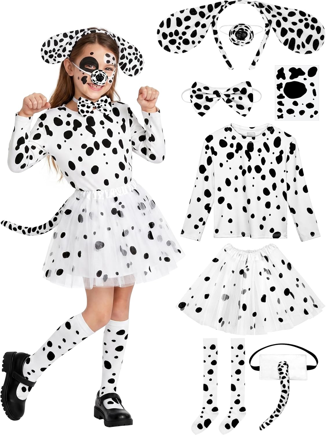 AOTHSO 8 Pieces Halloween Girls Dalmatian Costume Set with Dog Accessories Long Sleeves Tutu Skirt for Kids Cosplay