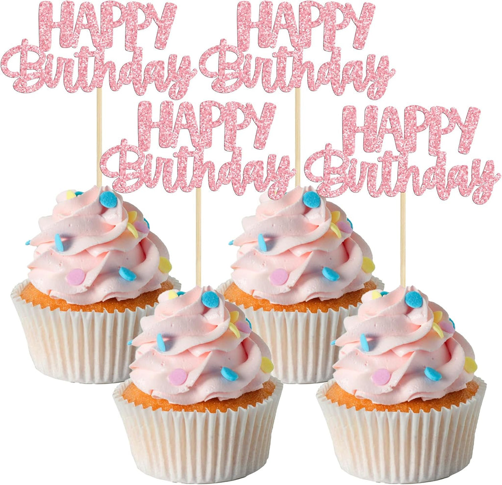Gyufise 24pcs Happy Birthday Cupcake Toppers - Pink Glitter Celebrating Cake Picks - Baby Shower & Kids Party Decoration Supplies