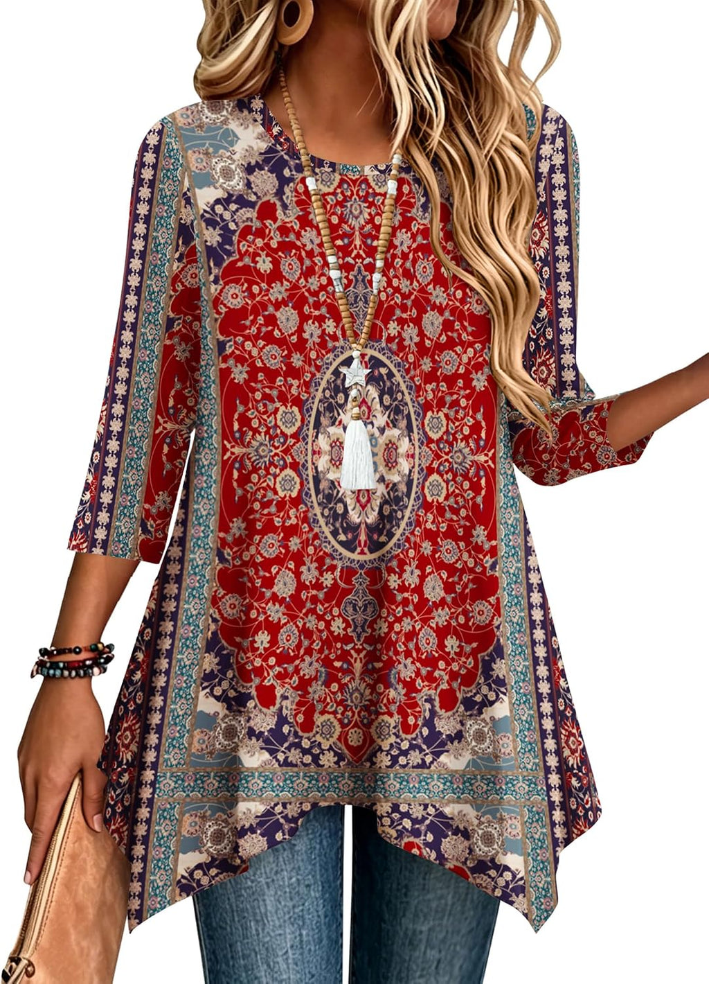 Zeagoo Womens Tops 3/4 Sleeve Loose Fit Dressy Tunics Plus Size Boho Shirts