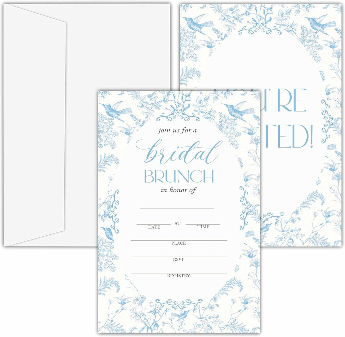 Bridal Shower Invitations, 25 Floral Invites with Envelopes for Bridal Shower Reception Engagement Party, Dusty Blue Toile Wedding Party Cards - B14