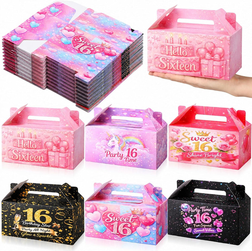 Zhanmai 36 Pack Sweet 16 Party Treat Box Happy 16 Year Old 16th Birthday Goodie Boxes Hello Sixteen Gift Containers with Handles, Decorative Cardboard Goodie Boxes for Cookies Cupcakes Candy