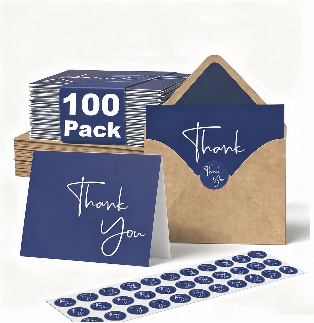 XXINMOH 100 Pack Thank You Cards With Envelopes Bulk Set & Stickers - 4x6 inch Blank Thank You Notes Bulk Box Set - Large Note Card Small Business, Wedding, Baby Shower & Bridal Shower - Navy Blue
