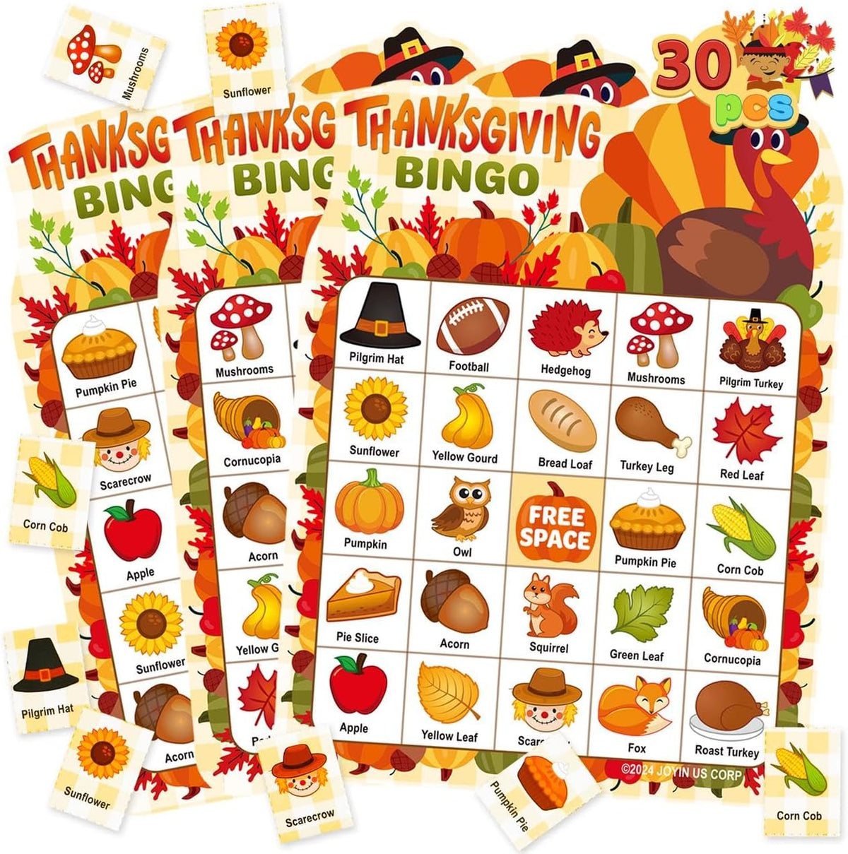 JOYIN 30-Player Thanksgiving Bingo Game Cards for Kids & Family Activities, School Classroom Party Games, Autumn Holiday Favors Supplies