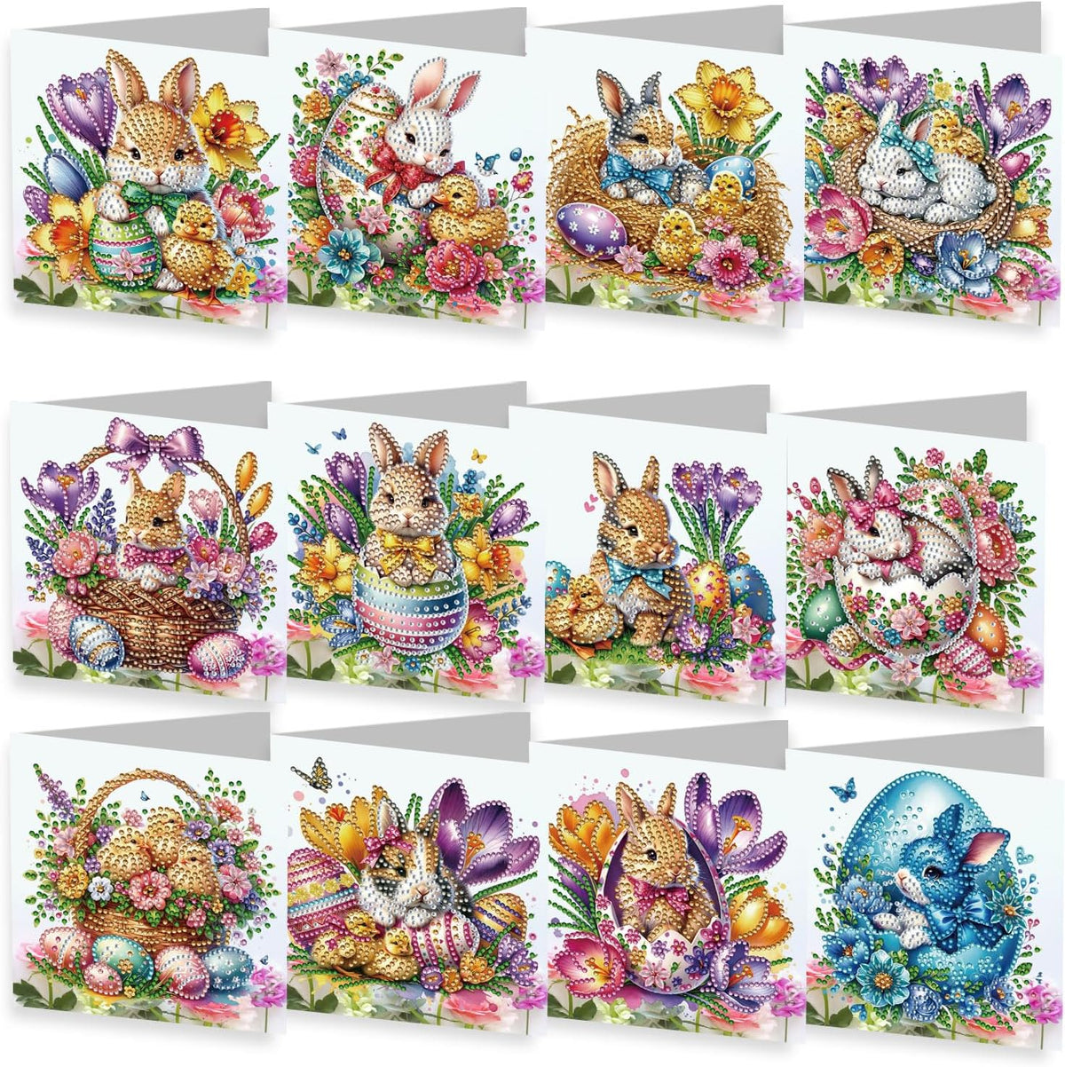 YOKUSHI 12 PCS Easter Diamond Art Painting Greeting Cards, Rabbit Craft DIY Card Making Kits for Adults Gifts (Easter)