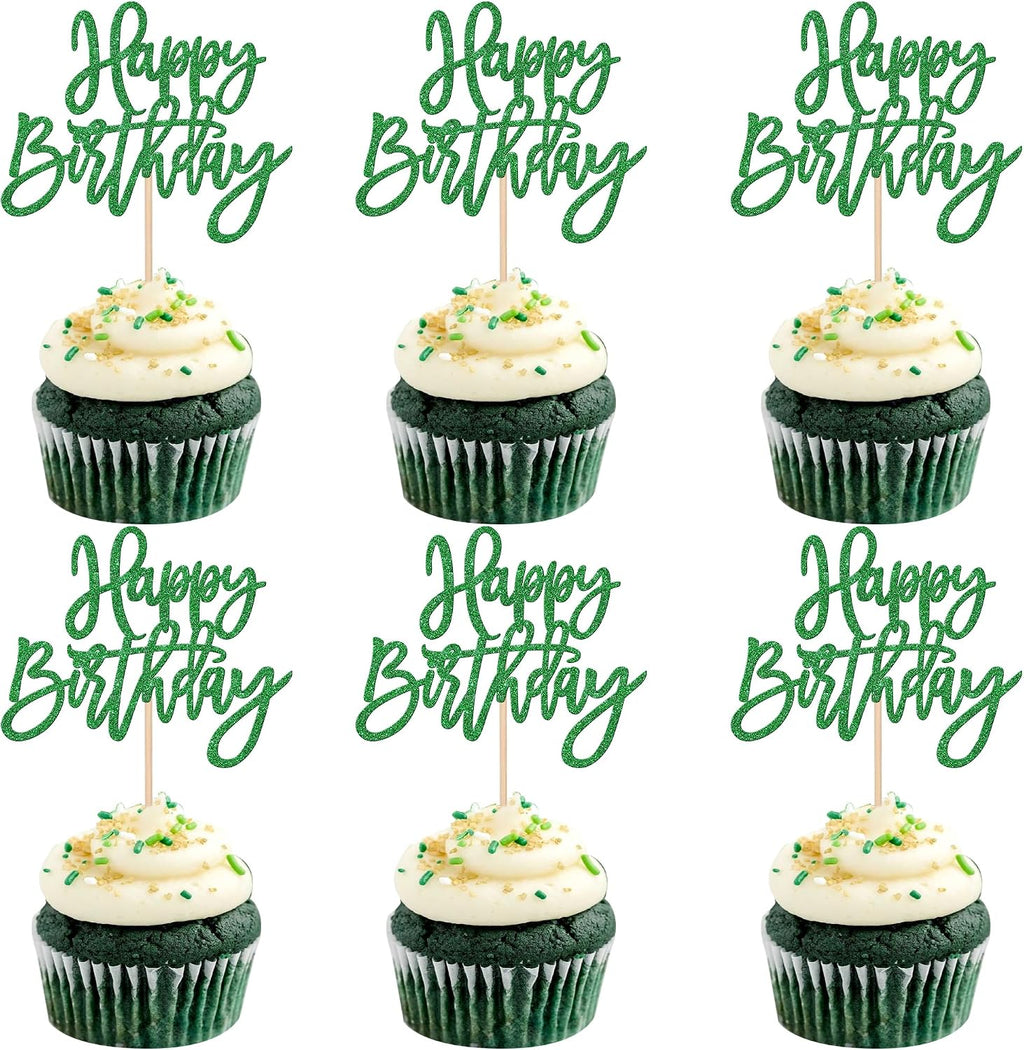 24 PCS Happy Birthday Cupcake Toppers Glitter Happy Birthday Cupcake Picks for Celebrating Anniversary Theme Party Cake Decorations Supplies Green