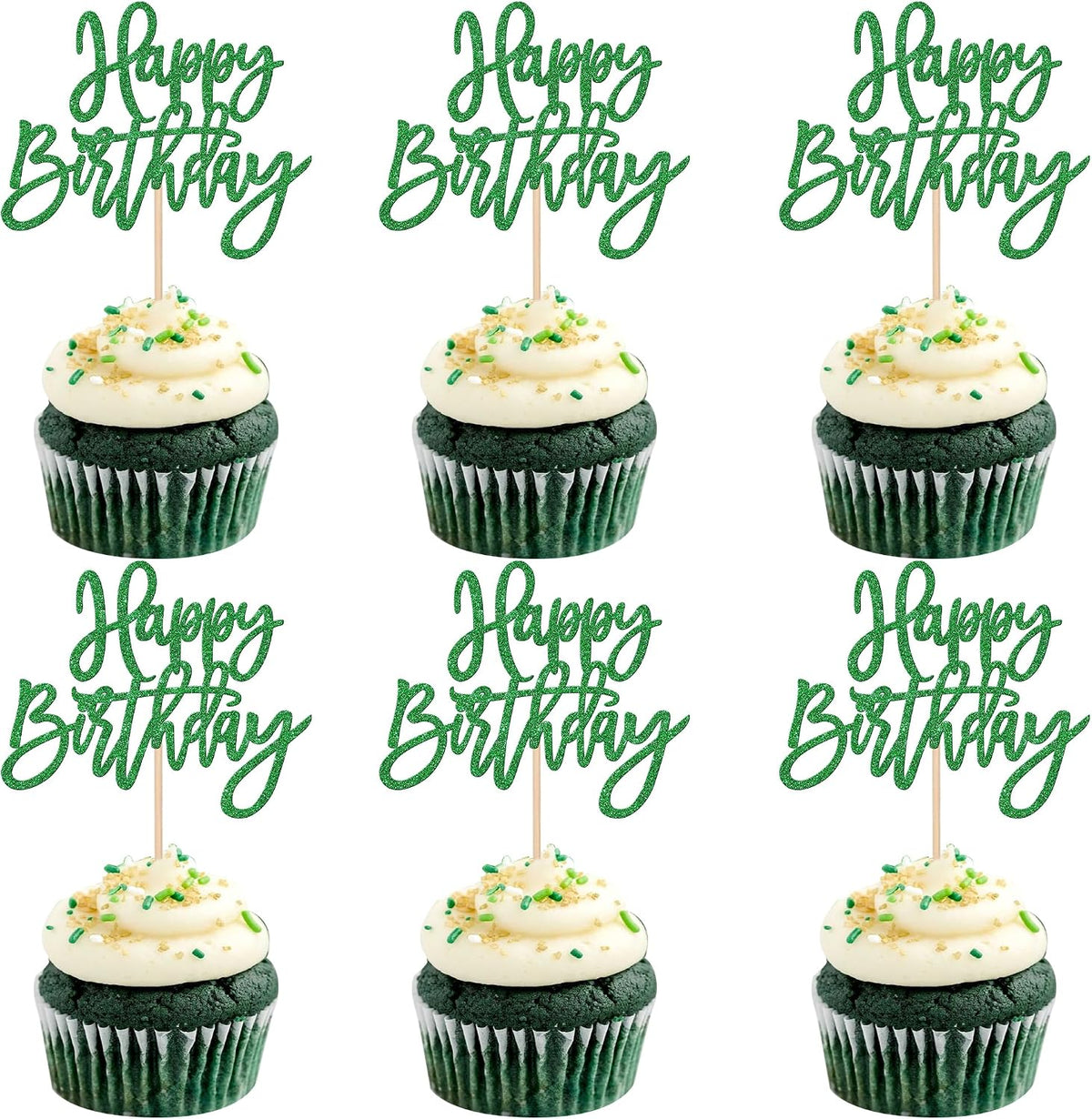 24 PCS Happy Birthday Cupcake Toppers Glitter Happy Birthday Cupcake Picks for Celebrating Anniversary Theme Party Cake Decorations Supplies Green