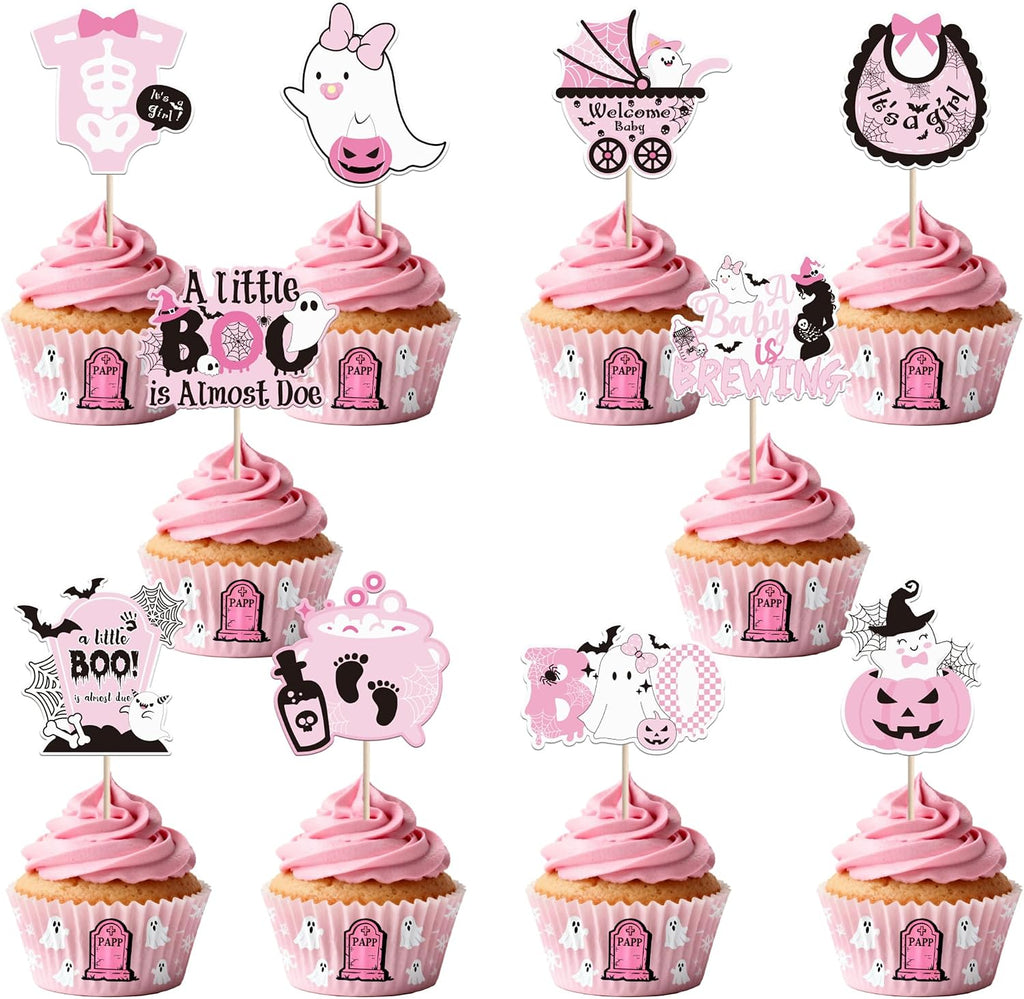 Rsstarxi 40 Pack Halloween Baby Shower Cupcake Toppers Halloween Ghost A Baby Is Brewing Gneder Reveal Cupcake Picks Decorations for Boo Spooky Girls Birthday Party Cake Decorations Supplies Pink
