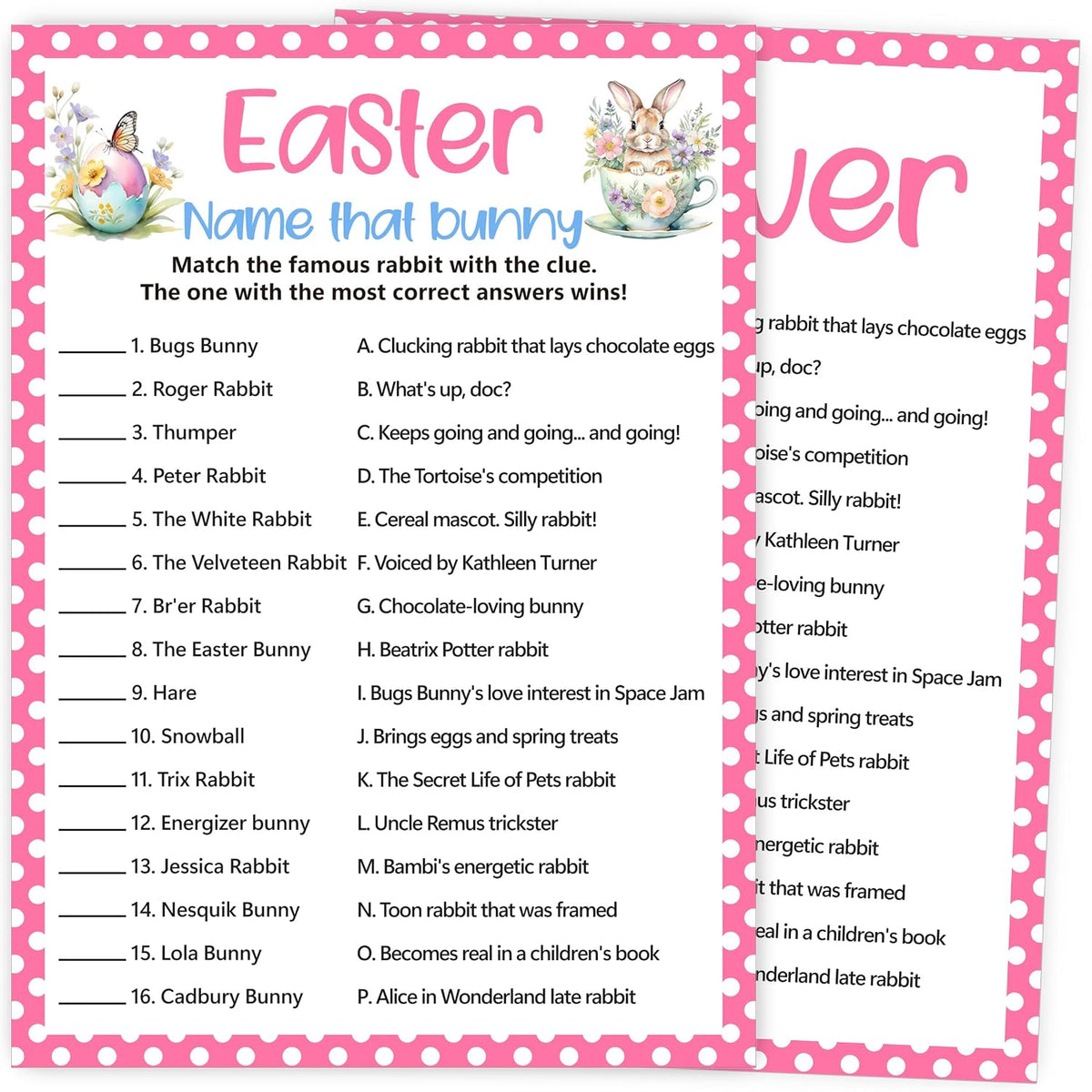 Easter Games for Adults and Kids, Easter Bunny Clues Game Cards, Cute Family Feud Trivia Game for Family Friends, Holiday Party Games for Activities Party Decorations Supplies, 5x7 Inch-A04