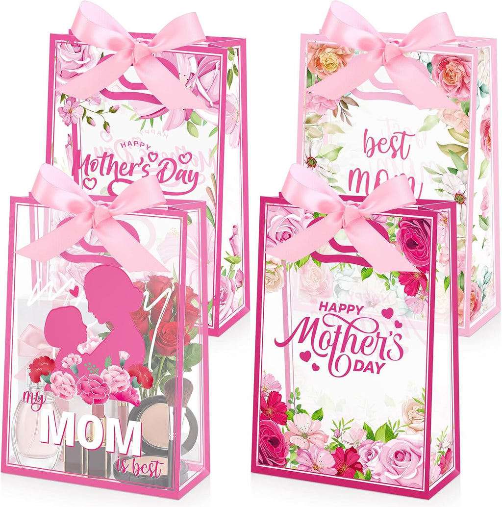 Capoda 24 Pack Mother's Day Bags with Handles, Large Floral Reusable PP Plastic Goodie Bags, Pink Rose Party Favor Bag for Mom Brunch, Classroom, Church, Candy Treats & Small Gifts