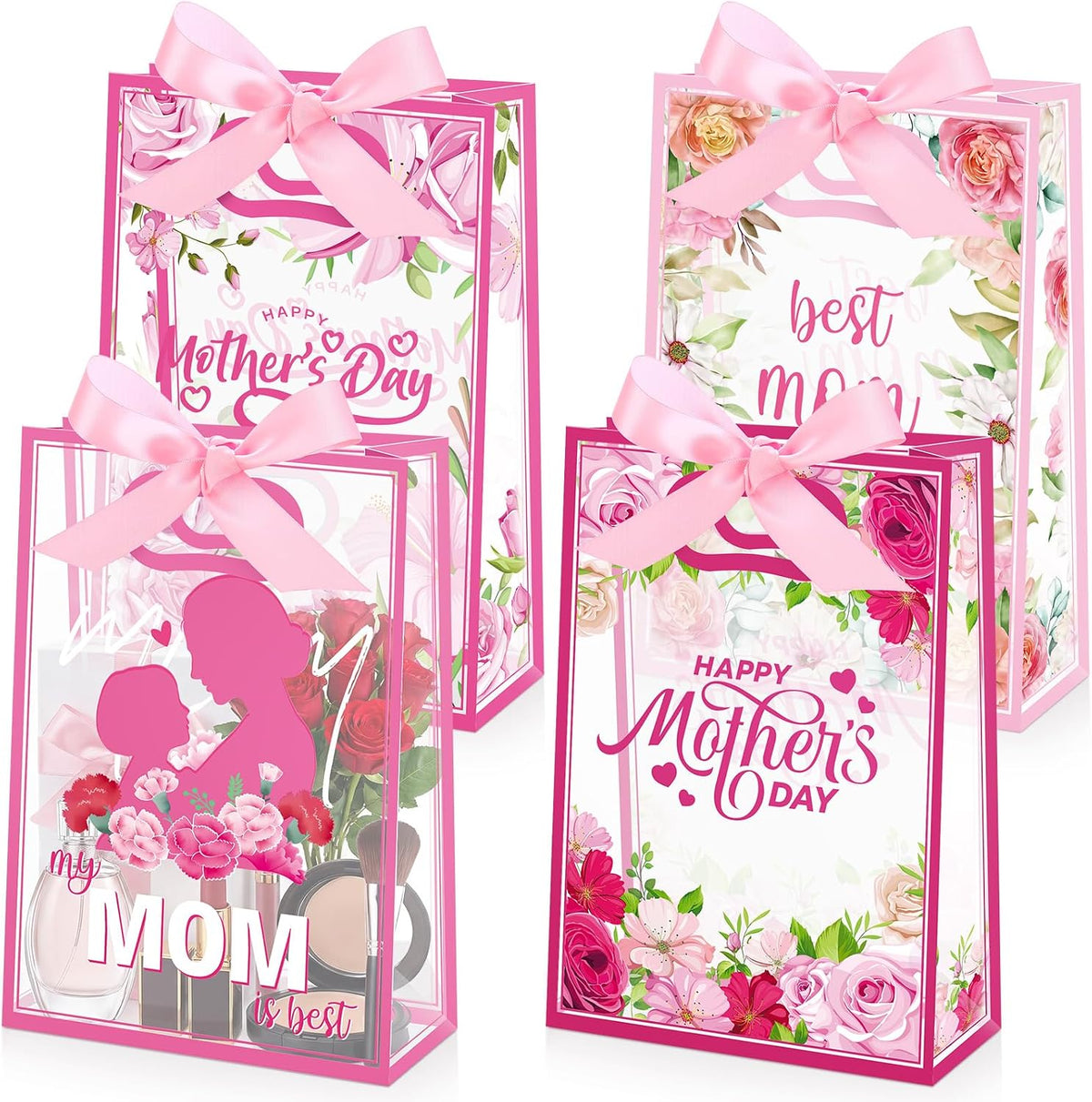 Capoda 24 Pack Mother's Day Bags with Handles, Large Floral Reusable PP Plastic Goodie Bags, Pink Rose Party Favor Bag for Mom Brunch, Classroom, Church, Candy Treats & Small Gifts
