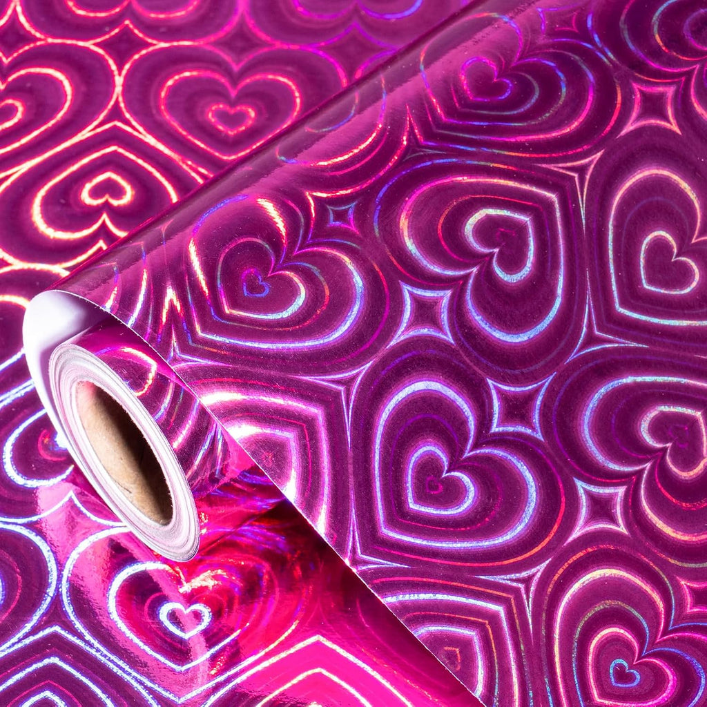WRAPAHOLIC Heart Wrapping Paper Roll - Mini Roll - 17 Inch x 16.5 Feet - Hot Pink Heart Metallic Holographic Wrapping Paper for Valentines Day, Birthday, Wedding, Baby Shower, Bridal Shower
