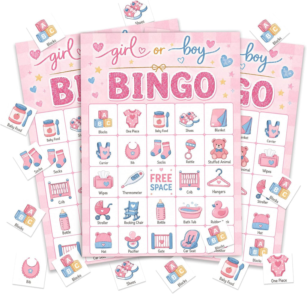 Baby Shower Bingo Game Cards, 24 Player Gender Reveal Party Game