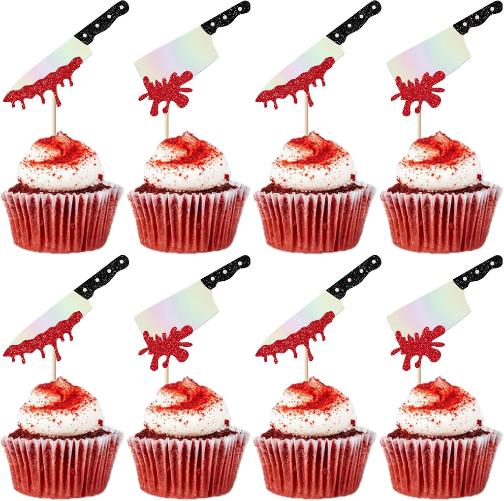 Rsstarxi 24 Pack Halloween Knife Cupcake Toppers Blood Knife Have a Killer Birthday Cupcake Picks Decorations for Horror Theme Birthday Halloween Party Cake Decorations