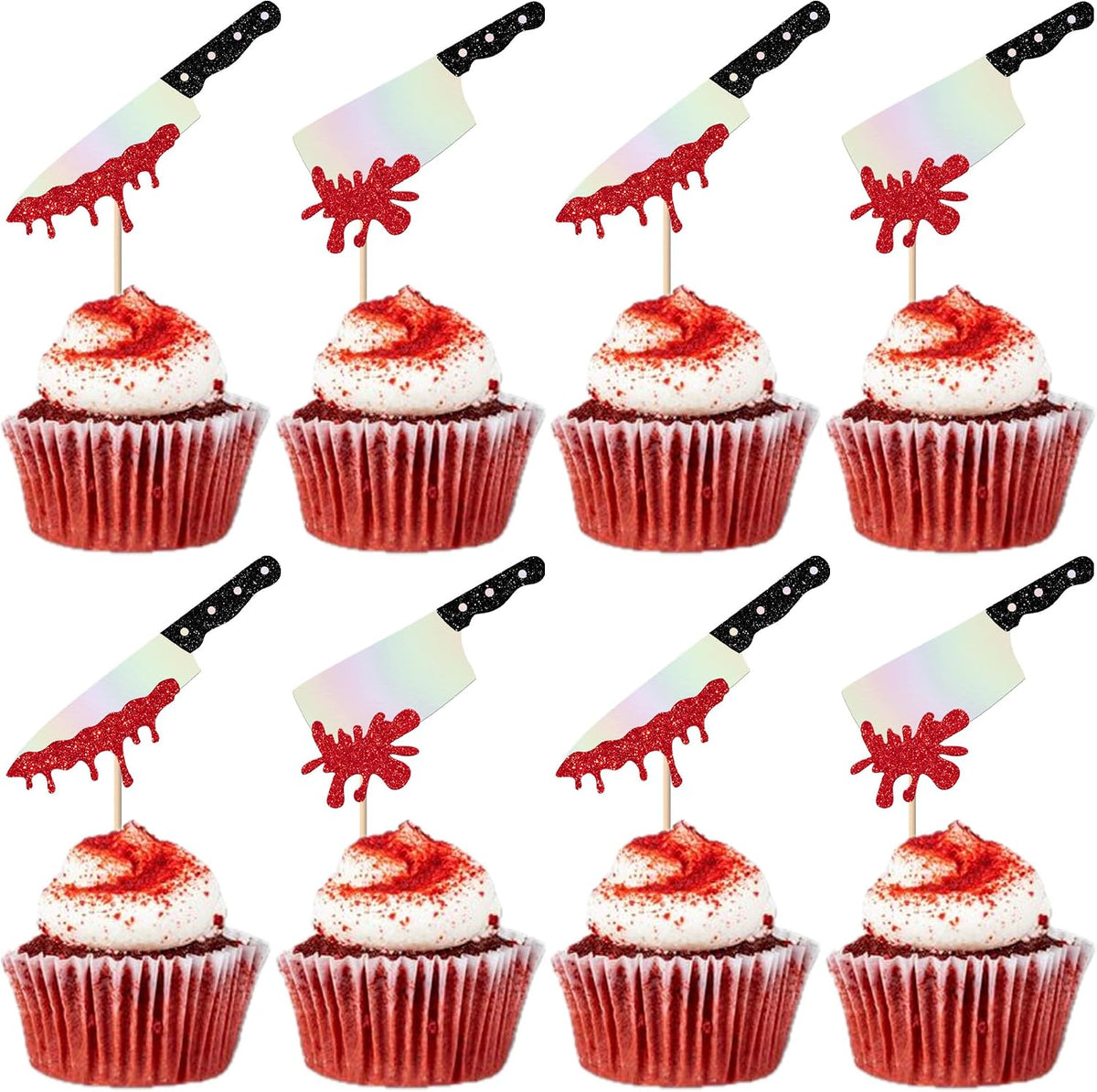 Rsstarxi 24 Pack Halloween Knife Cupcake Toppers Blood Knife Have a Killer Birthday Cupcake Picks Decorations for Horror Theme Birthday Halloween Party Cake Decorations