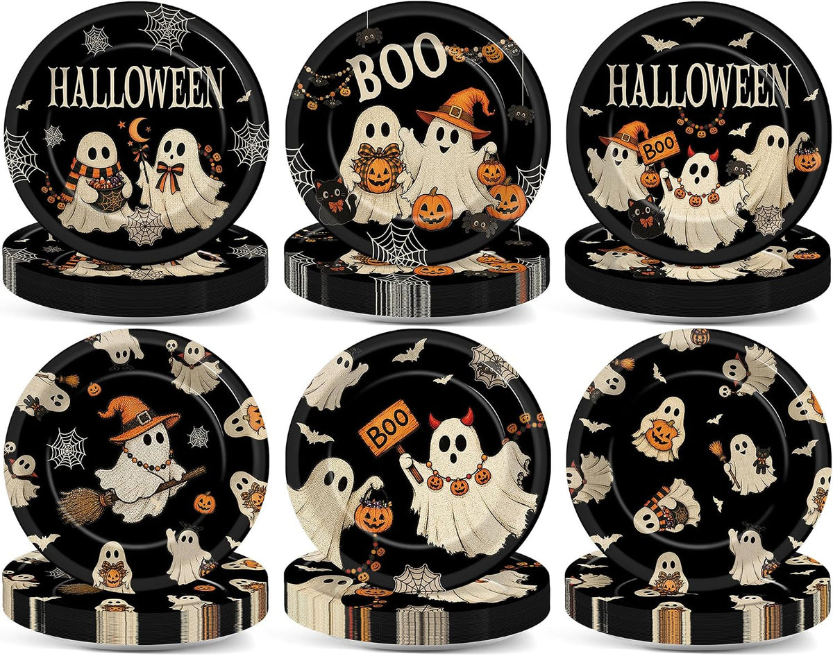 96 Pieces Halloween Ghost Tableware Set – Trick or Treat Disposable Paper Plates and Napkins for Halloween Party Decorations, Ghost Theme Party Supplies, Spooky Celebrations and Trick or Treat Events
