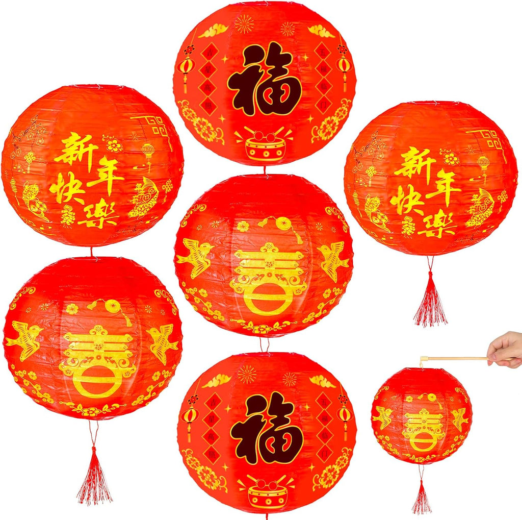 HOWAF 6pcs Chinese New Year Round Paper Lanterns Fu Chun Character Red Lantern for 2026 Lunar New Year Decorations,Spring Festival Hanging Round Lanterns Decorations,Year of The Horse Lanterns