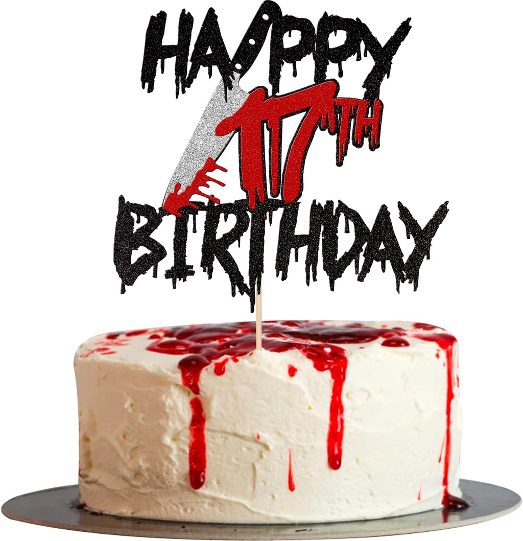 1 PCS Happy 17th Birthday Cake Topper Black Glitter Cheers to 17 Years Horror Blood Knife Have a Killer Birthday Cake Pick for Halloween Killer 17th Birthday Party Cake Decorations Supplies