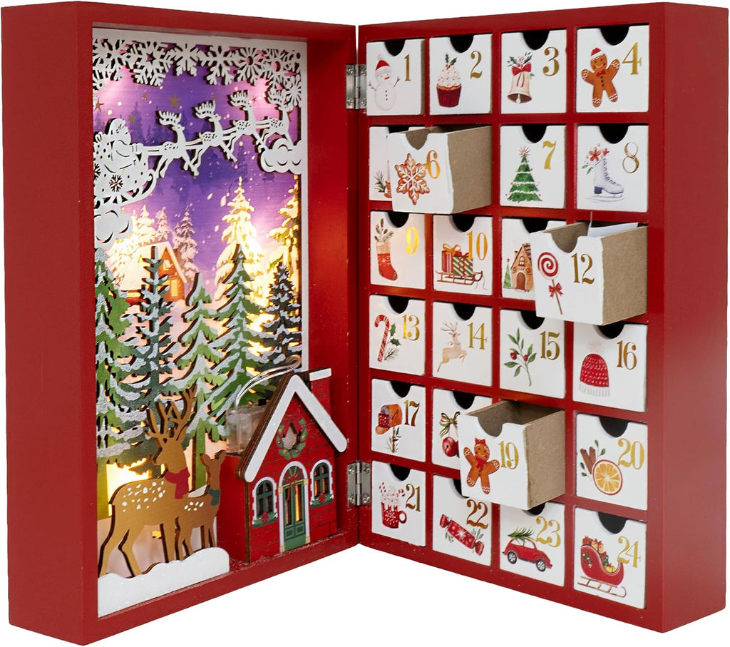 Lighted Wooden Christmas Advent Calendar Book, 24 Drawers