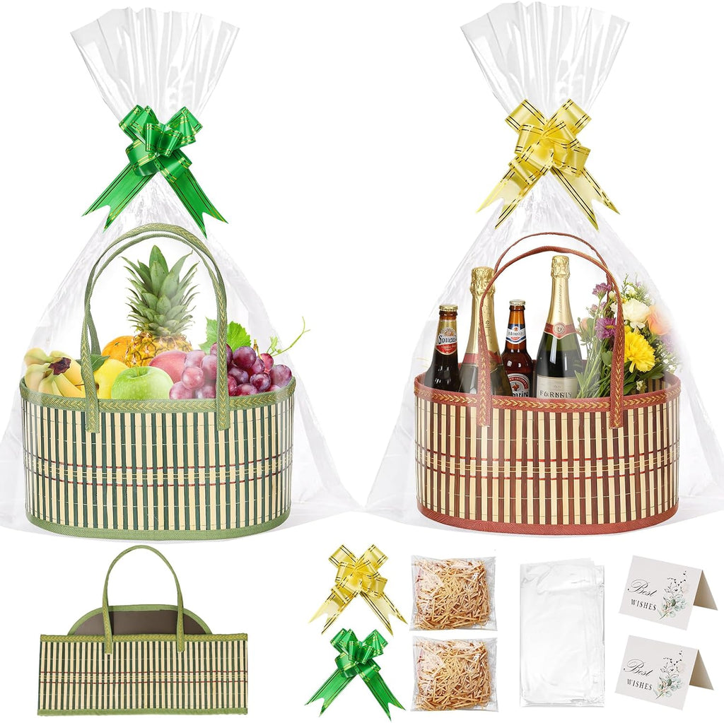 Gift Baskets Empty Hamper Basket 2 Color Gift Box DIY Gift Hamper Sets with 2 Bags,2 Bows ,2 Greeting Card and Raffia Birthday Present,Easter, Christmas , Graduations, Wedding Thanksgiving Gift Kit