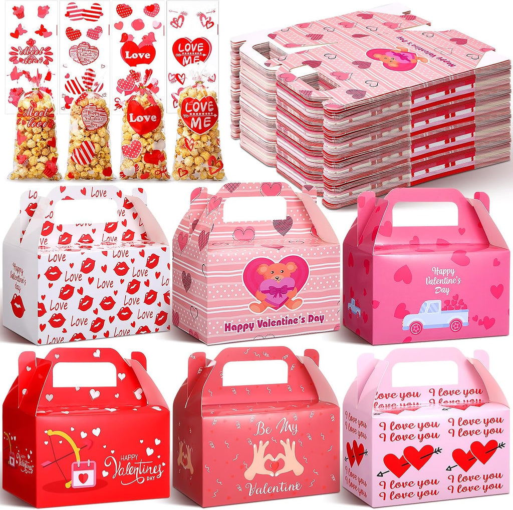 ReliThick 80 Pack Valentine's Day Treat Box with Cellophane Bags Heart Goodie Cookie Candy Boxes for Treats Valentine Gift Bag for Party(Chic)