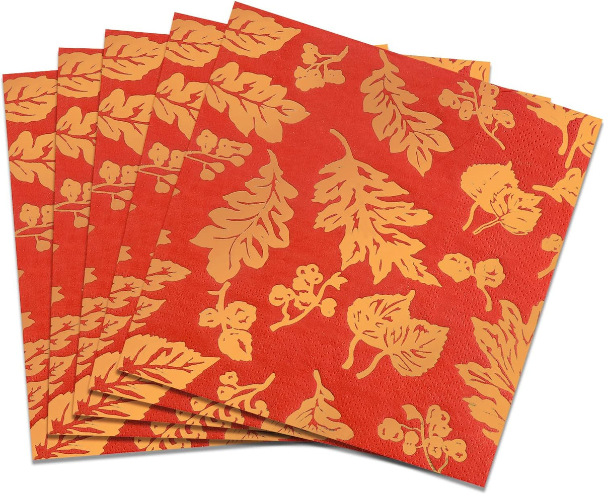 50 Pack Gold Foil fall Paper Napkins Disposable napkins red gold maple leaves for autumn and Thanksgiving, engagement, baby shower, celebration party 6.5 x 6.5 inches