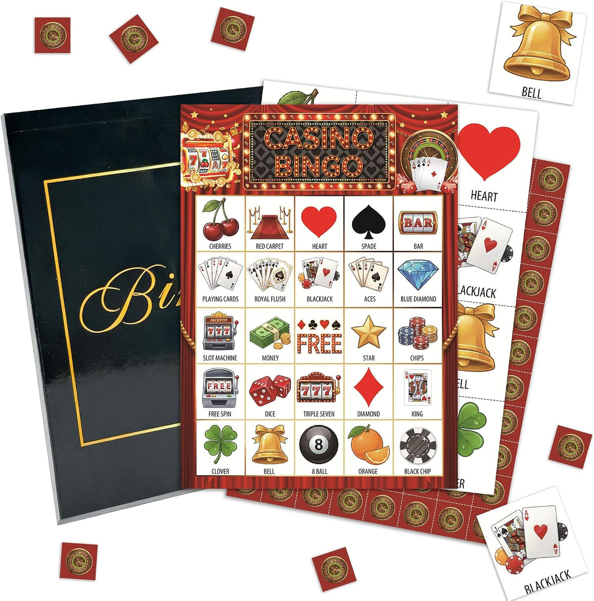 Casino Party Bingo Game Cards, Las Vega Bingo Set for Adults Large Group, Casino Themed Fun Games, Las Vega Party Activities, Icebreaker Games for Family Friends, 07