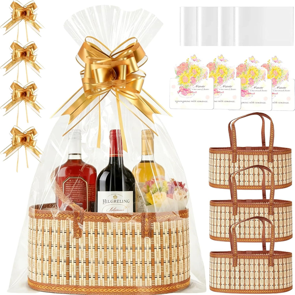 4Pcs Gifts Baskets Empty to Fill for Christmas Mother's Day Birthday Party Baby Baptisms Thanksgiving New Year, Foldable Bamboo Woven Bulk Gift Basket Set with Handle, Cute Large Baskets Gift Kit