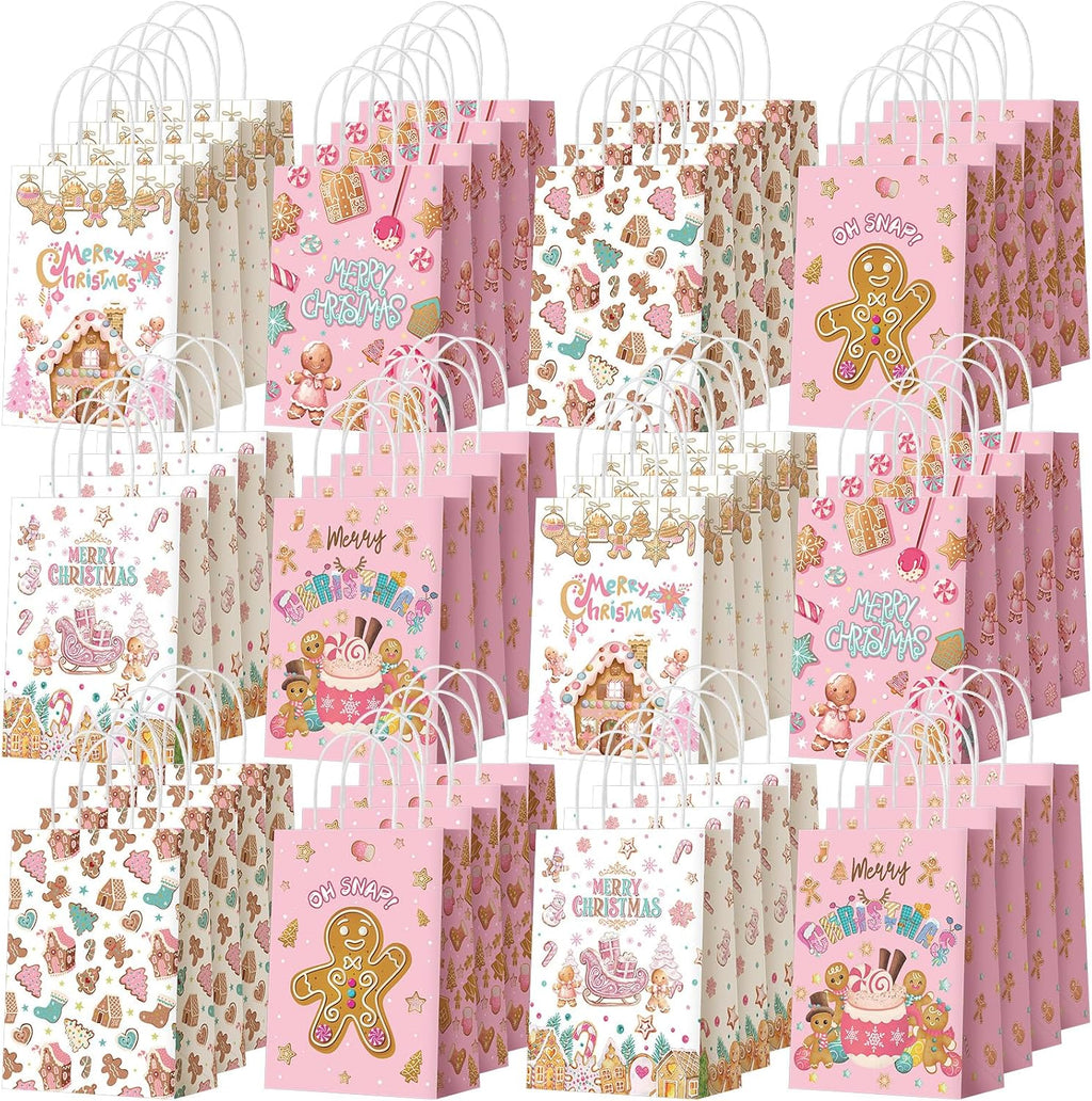 Kolldenn 48 Pcs Pink Christmas Gingerbread Party Favors Bags with Handles