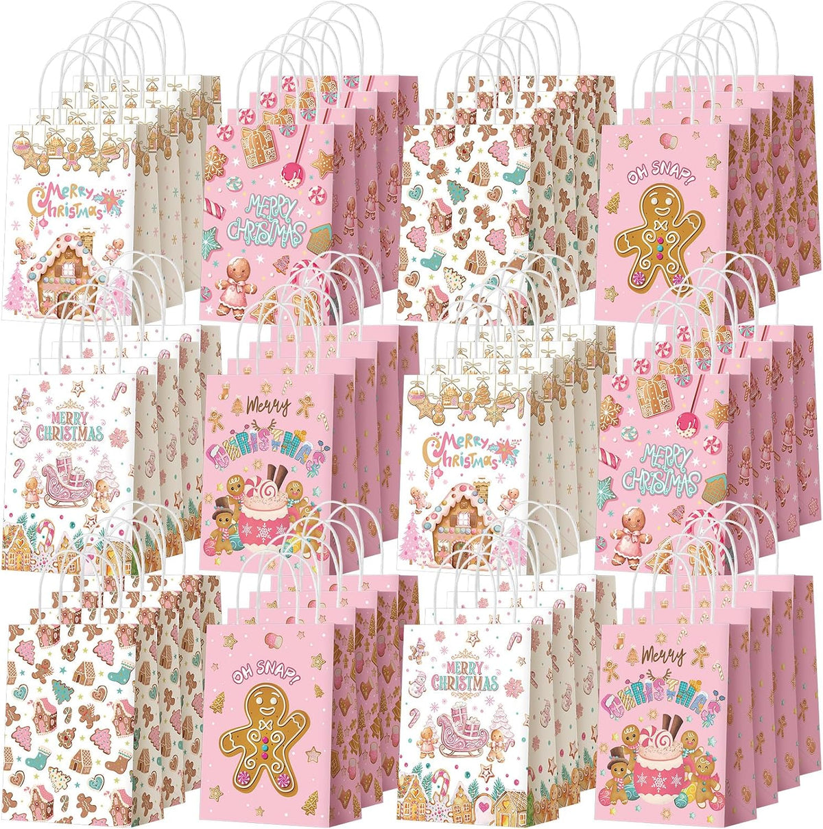 Kolldenn 48 Pcs Pink Christmas Gingerbread Party Favors Bags with Handles