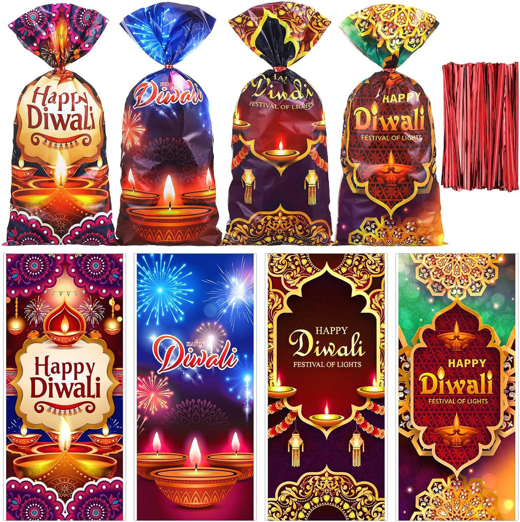 Yexiya 100 Pcs Diwali Halloween Cellophane Treat Bags with Ties