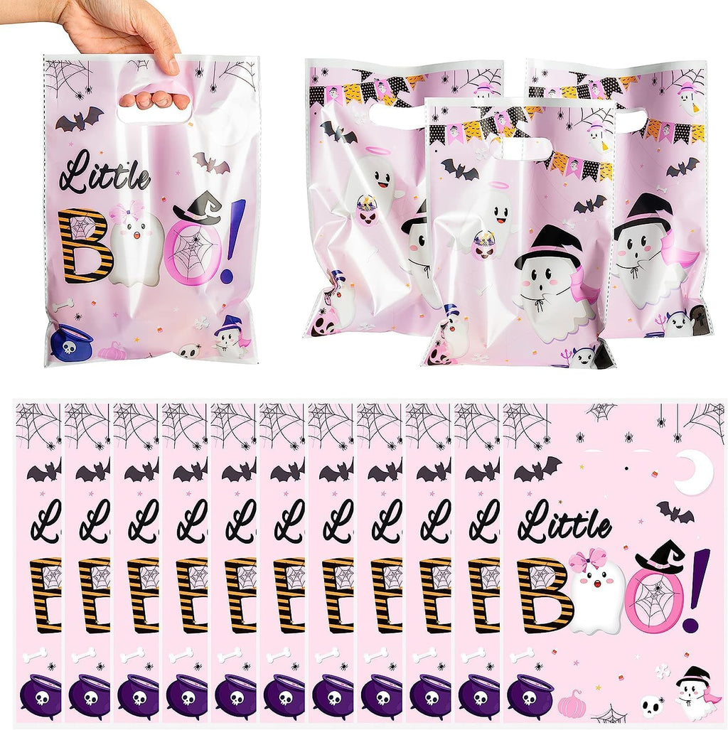 Haooryx Pink Little Boo Favor Bags Halloween Little Ghost Plastic Gift Bags
