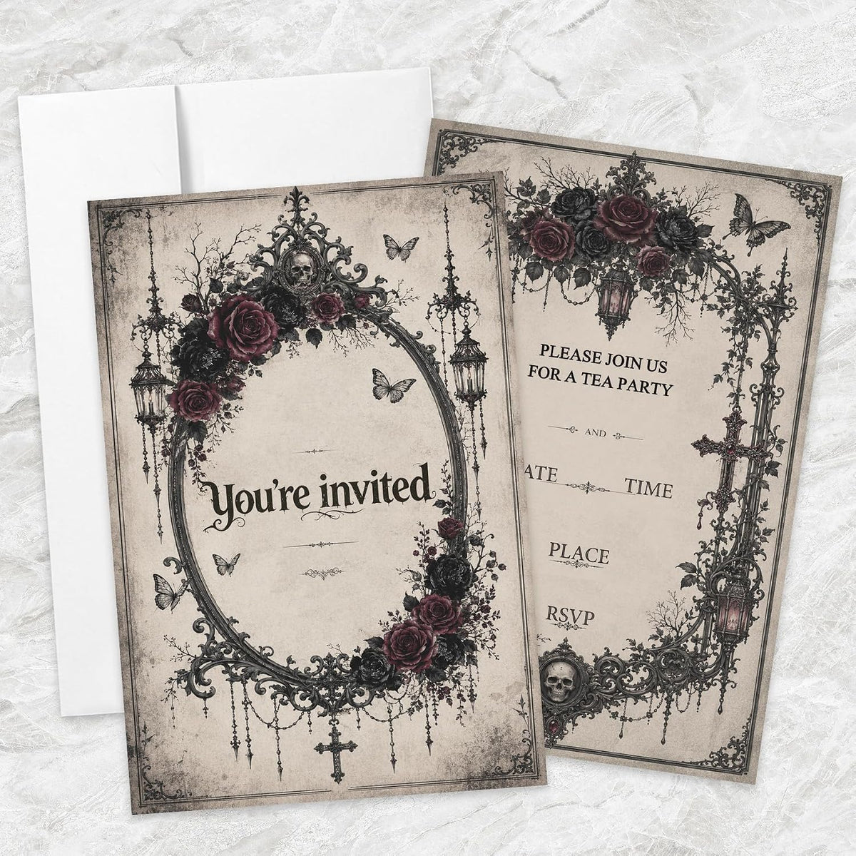 AEHIE 20 Sets Gothic Halloween Floral Tea Party Invitations With Envelopes