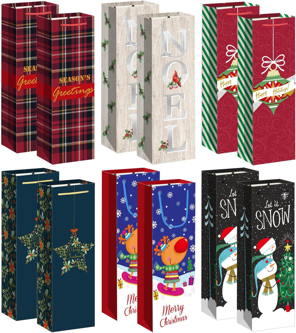 Xylitic 12 Pack Christmas Wine Bags Bulk with Handles, Holiday Wine Gift Bags for Bottles, Birthday Xmas Party Supplies, Drinkers Present (4.7” x 3.5” x 14”)