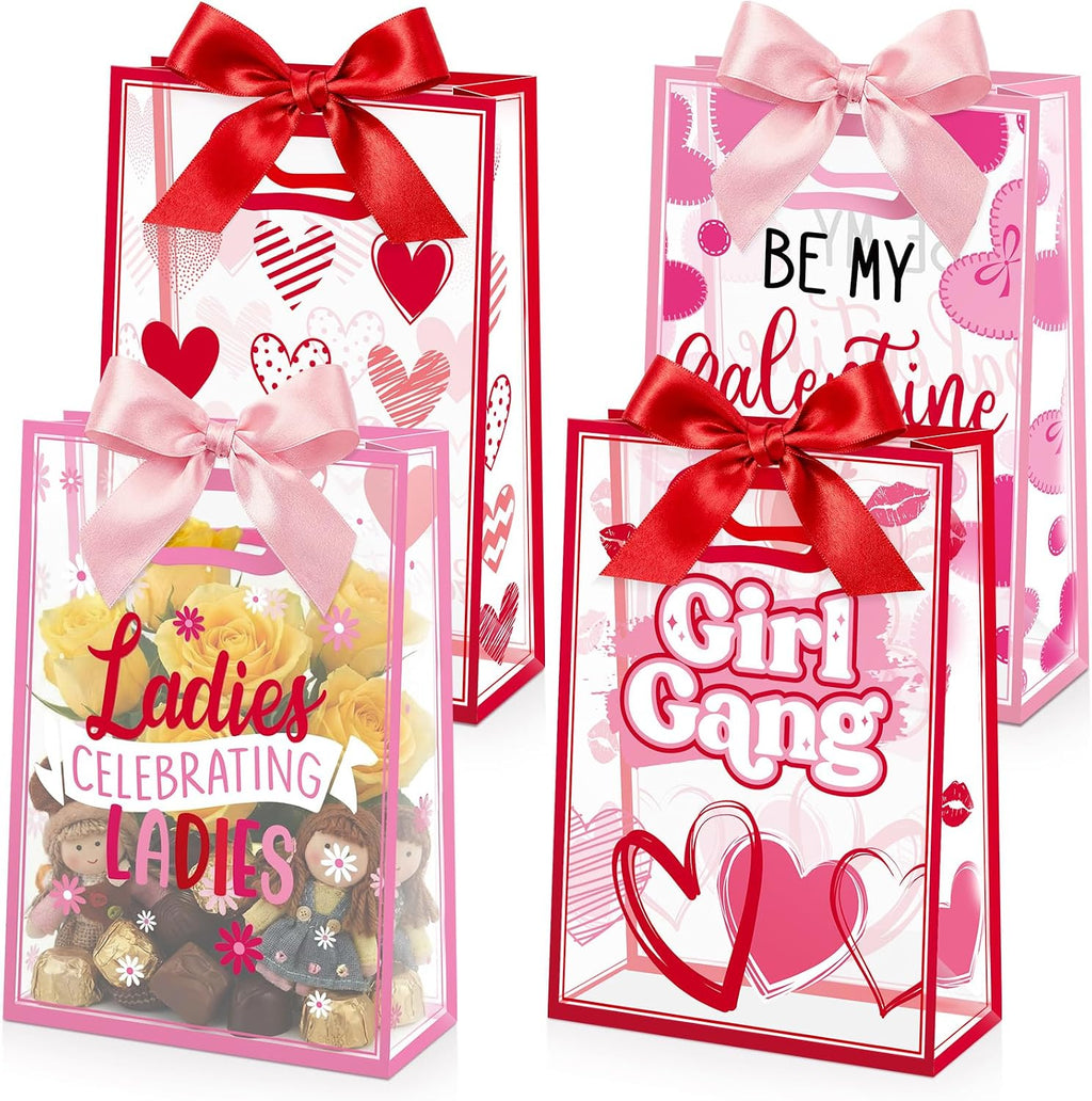 Capoda 24 Pack Galentine's Day Gift Bags with Handles - Large Pink and Red Valentine Party Favor Bags - Reusable Plastic Goody Bag for Girls Night & Ladies Celebration