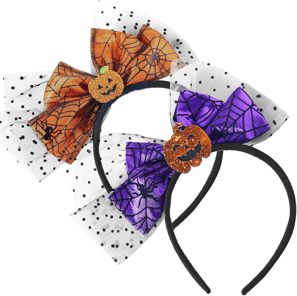 Halloween Headbands with Pumpkin and Spider Web, 2 Pack Orange and Purple Headband with Big Bow, Hairbands Hair Hoop Halloween Spooky Hair Accessories for Women Girls Kids